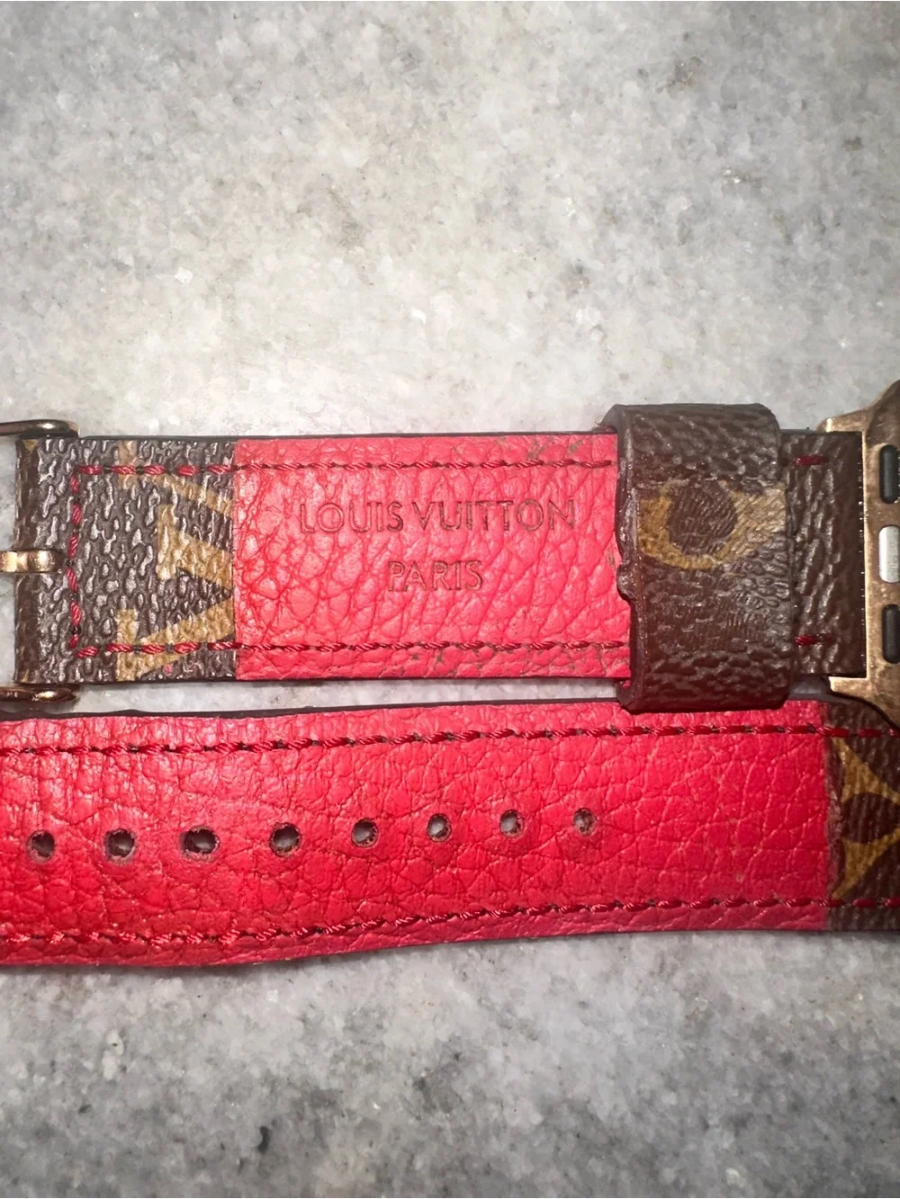 Upcycled LV Brown Monogram Leather Apple Watch Strap with Gold Hardware